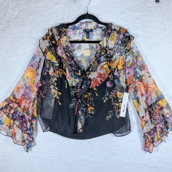 492-Aqua Multicolor Floral Ruffle‎ Blouse - Picture 3 of 7